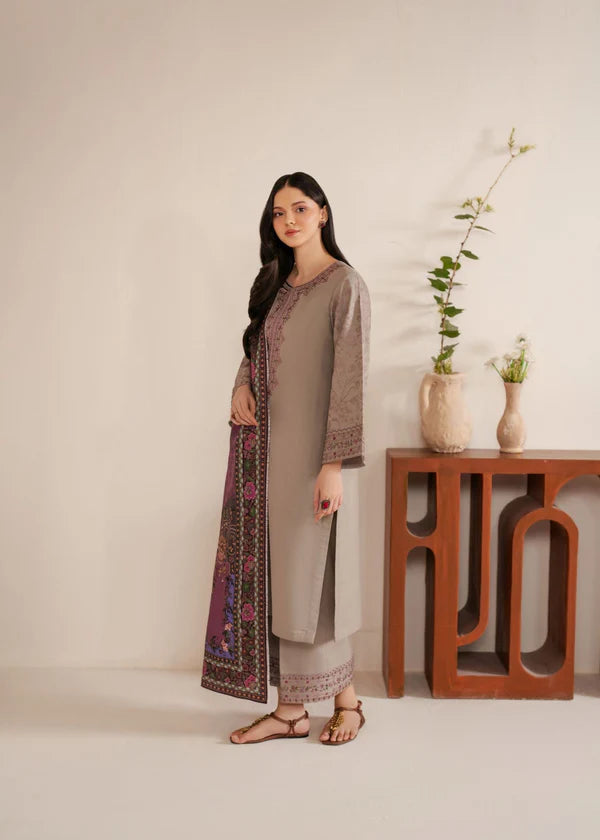 Dhanak-3PC Embroidered Shirt with Digital Printed Wool Shawl - 6444