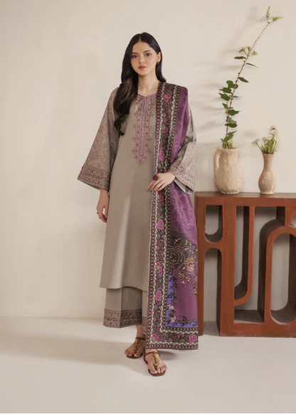 Dhanak-3PC Embroidered Shirt with Digital Printed Wool Shawl - 6444