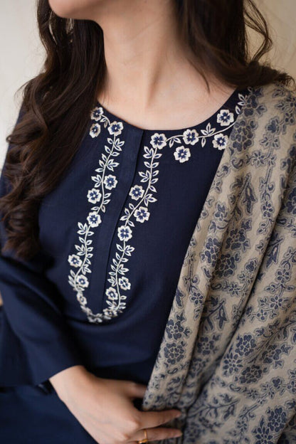 Dhanak-3PC Embroidered Shirt with Digital Printed Wool Shawl - 629