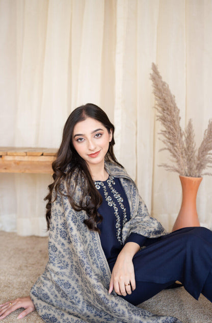 Dhanak-3PC Embroidered Shirt with Digital Printed Wool Shawl - 629