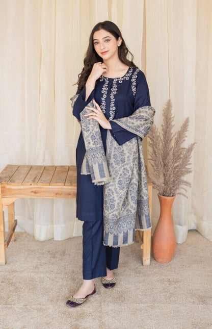 Dhanak-3PC Embroidered Shirt with Digital Printed Wool Shawl - 629