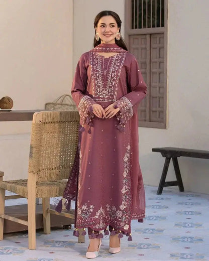 Dhanak-3PC Embroidered Shirt with Chiffon Embroidered Dupatta - 3286