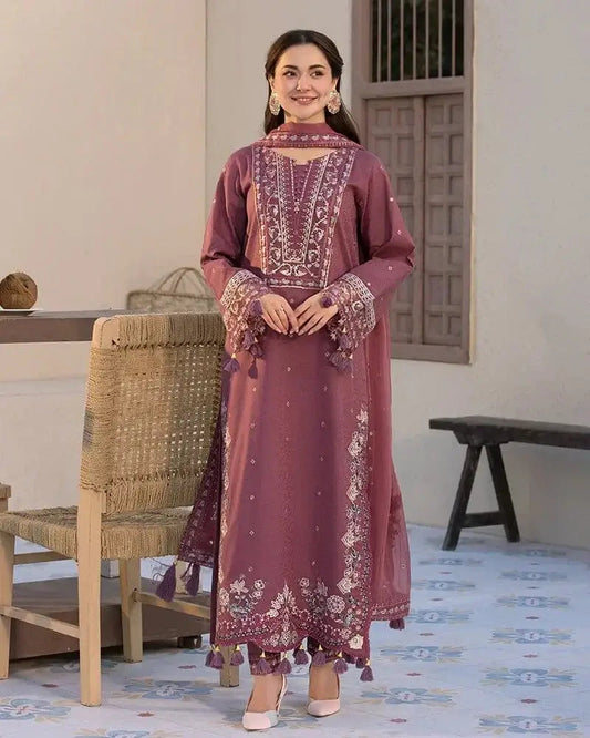 Dhanak-3PC Embroidered Shirt with Chiffon Embroidered Dupatta - 3286