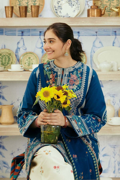 Dhanak-3PC Embroidered Shirt with Digital Printed Wool Shawl - 668