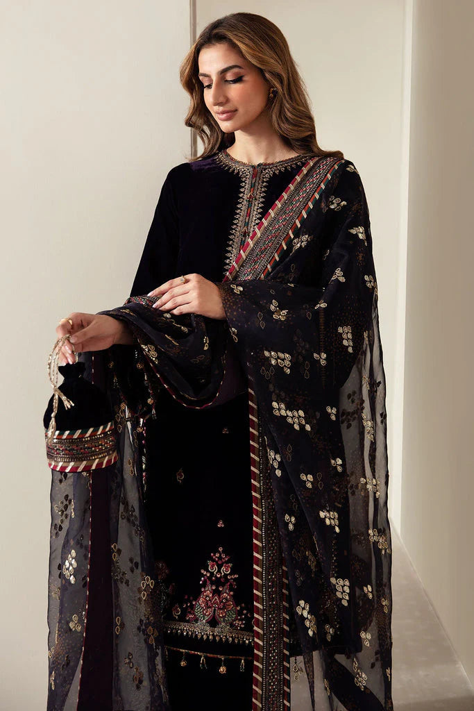 3PCS Embroidered Velvet Suit Embroidered Organza Dupatta Velvet Winter Collection 952