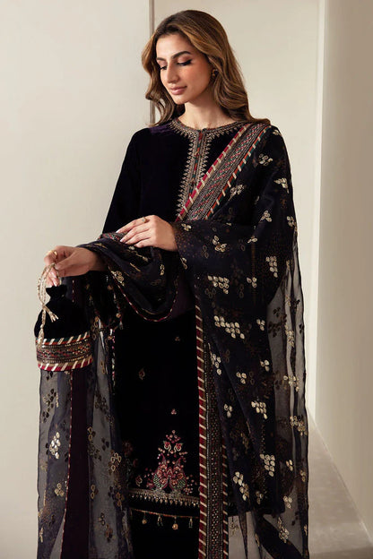 3PCS Embroidered Velvet Suit Embroidered Organza Dupatta Velvet Winter Collection 952