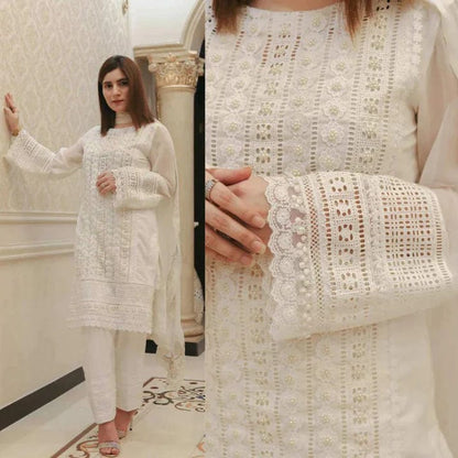 A+ 3 PCS Chikenkari White Embroidered  Lawn Collection BULM-D-750