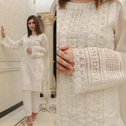 3 PCS Chikenkari White Embroidered  Lawn Collection BULM-D-750