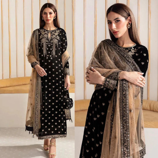 3PCS Embroidered Velvet Dress With Embroidered Organza Dupatta Velvet Winter Collection 963