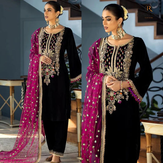 3PCS Velvet Dress With Embroidered Organza Dupatta Velvet Winter Collection 964