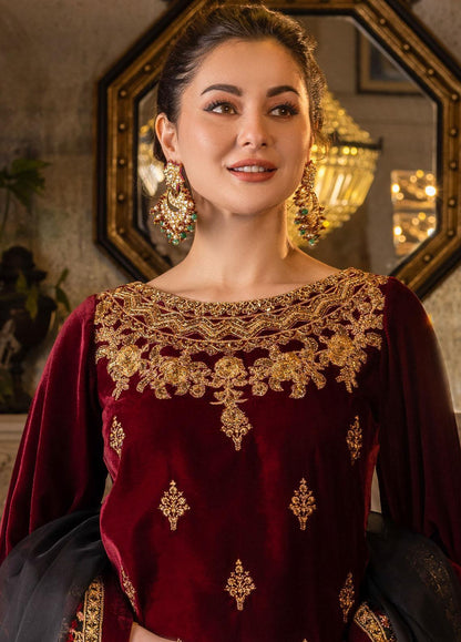 3PCS Velvet Embroidered Shirt With Organza Embroidered Dupatta Velvet Winter Collection  617